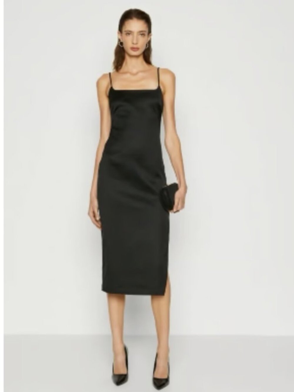 Abercrombie and Fitch Black Satin Midi Dress Square Neck Cocktail Minimalist 90s